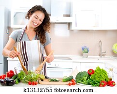 mulher jovem, Cooking., alimento saudável, -, vegetal, salada