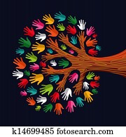 multi, social, solidarité, arbre, mains