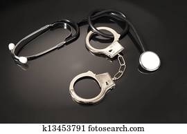 médico, erro, estetoscópio, com, algemas