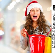 natal, Shopping., mulher feliz, com, sacolas, em, Mall., vendas