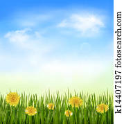 Nature background with green grass and flowers and blue sky. Vector