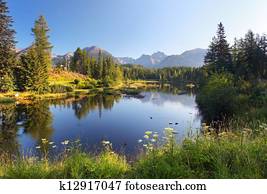Nature mountain scene with beautiful lake in Slovakia Tatra - Strbske pleso Nature mountain scene with beautiful lake in Slovakia Tatra - Strbske pleso