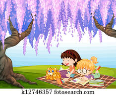 niñas, lectura, en, el, parque, con, un, gato