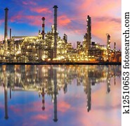 Oil gas refinery with reflection, factory, petrochemical plant