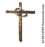 Old Wooden Cross with Bloody Crown of Thorns