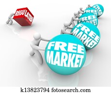 One person pushes a cube marked Regulated vs others with balls with the word Free Market to show the advantage of an open business climate versus one with over regulation One person pushes a cube marked Regulated vs others with balls with the word Free Market to show the advantage of an open business climate versus one with over regulation