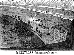 open-pit, mining,, altmodisch, stich open-pit, mining,, altmodisch, stich