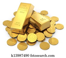 ouro, ingots, e, moedas