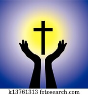 Person praying or worshiping to crucifix or Jesus - concept of a devout faithful christian worshiping holy cross(Christ) with blue background and yellow sun
