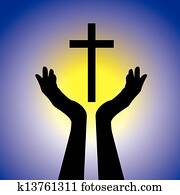 Person showing faith in lord by holding holy cross- vector graphic. This illustration is a concept of a devout faithful christian worshiping Jesus Christ with blue background and yellow sun