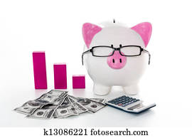 Piggy bank wearing glasses with dollars calculator and pink graph model