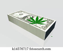 Pile of US currency and marijuana leaf