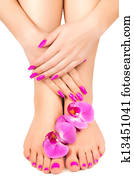 pink manicure and pedicure with a orchid flower pink manicure and pedicure with a orchid flower