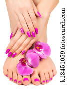 pink manicure and pedicure with a orchid flower pink manicure and pedicure with a orchid flower
