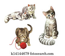 Playing cats. Kitten with ball. Two cute Small gray tabby Kittens, Isolated Illustration on white background. Playing cats. Kitten with ball. Two cute Small gray tabby Kittens, Isolated Illustration on white background.