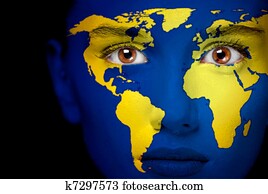 Portrait of a woman with the map of the world