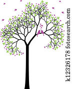 primavera, árbol, con, aves de amor, vector