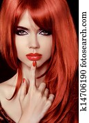 Red Hair. Beautiful Sexy Girl. Healthy Long Hair. Beauty Model Woman. Lips. Polish Nail. Hairstyle
