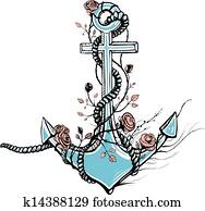Romantic Old Anchor with Roses Black Ink Romantic Old Anchor with Roses Black Ink