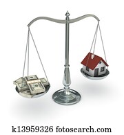 Scales with dollars and house Scales with dollars and house