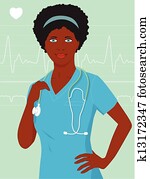schwarze frau, krankenschwester, oder, doktor