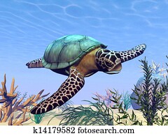 Sea turtle in the sea - 3D render Sea turtle in the sea - 3D render