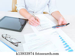 senhora negócio, analisando, estatísticas