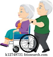 Senior Couple with the Old Lady on the Wheelchair