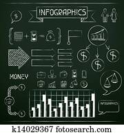 Set of chalkboard infographics and business icons.