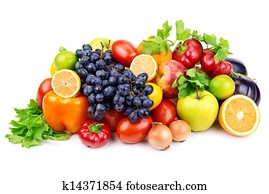 set of different fruits and vegetables  on white background