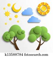 Set of icons. Paper cut design. Sun, moon, stars, tree, clouds Set of icons. Paper cut design. Sun, moon, stars, tree, clouds