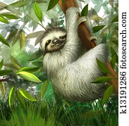 sloth, three toe male juvenile hanging in tree in tropical rainforest jungle, Illustration sloth, three toe male juvenile hanging in tree in tropical rainforest jungle, Illustration