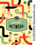 social, red, medios, y, comunicación, en, vendimia, estilo