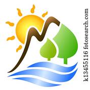 sol, montanhas, e, ondas