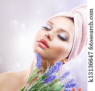 spa, menina, com, lavanda, Flowers., orgânica, cosméticos