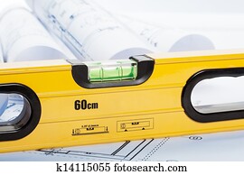 Spirit level and architecture blueprints, Blue tone Spirit level and architecture blueprints, Blue tone