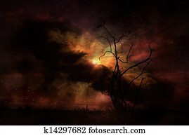 Stark tree silhouette against night sky Elements of this image furnished by NASA