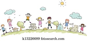 Stickman, crianças, em, a, comunidade