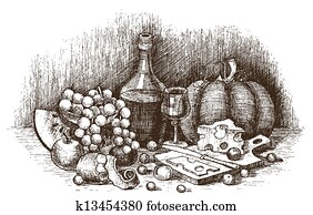 Still life with fruit, cheese, and wine drawing by hand Still life with fruit, cheese, and wine drawing by hand