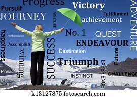 Successful Woman Green Umbrella & Melting Glacier Successful Woman Green Umbrella & Melting Glacier