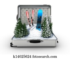 suitcase ski and snowboard with snow inside suitcase ski and snowboard with snow inside