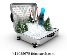 suitcase ski and snowboard with snow inside suitcase ski and snowboard with snow inside