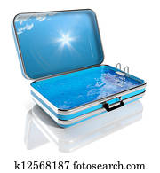 Summer vacation concept. Travel suitcase with Swimming pool inside Summer vacation concept. Travel suitcase with Swimming pool inside