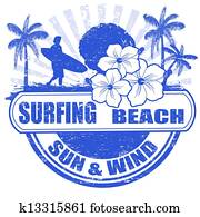 surfen, sandstrand, briefmarke surfen, sandstrand, briefmarke
