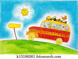 szkoła autobus, podróż, dziecko rysunek, watercolor malarstwo, na, papier