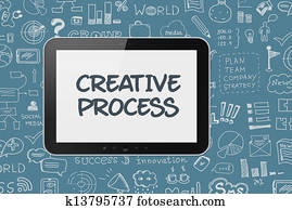 tablete digital, com, brainstorming, processo, fundo