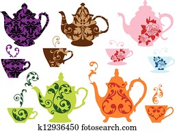 tea pots and cups with pattern tea pots and cups with pattern