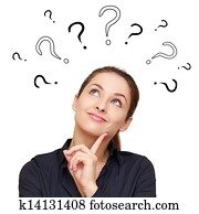 Thinking smiling woman with questions mark above head looking up isolated on white background Thinking smiling woman with questions mark above head looking up isolated on white background