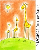 Three happy giraffes, child's drawing, watercolor painting on paper
