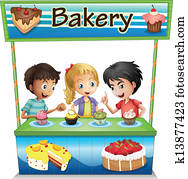 Three kids in a bakery stand with cupcakes 